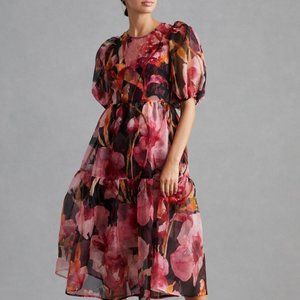 Anthropologie Puff-Sleeve Organza Midi Dress in Pink Floral